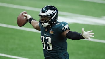 Feb 9, 2025; New Orleans, LA, USA; Philadelphia Eagles defensive tackle Milton Williams (93) celebrates a fumble recovery in the fourth quarter in Super Bowl LIX at Ceasars Superdome. Mandatory Credit: Stephen Lew-Imagn Images