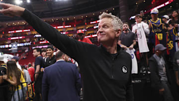 May 4, 2025; Houston, Texas, USA; Golden State Warriors head coach Steve Kerr walks off the court after game seven of the first round for the 2025 NBA Playoffs against the Houston Rockets at Toyota Center. Mandatory Credit: Troy Taormina-Imagn Images