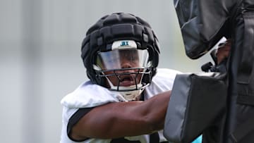 Jul 26, 2024; Jacksonville, FL, USA; Jacksonville Jaguars linebacker Myles Cole (59) participates in training camp at Miller Electric Center. 