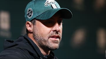 May 28, 2025; Philadelphia, PA, USA;  Philadelphia Eagles offensive coordinator Kevin Patullo speaks with the media at NovaCare Complex. Mandatory Credit: Bill Streicher-Imagn Images