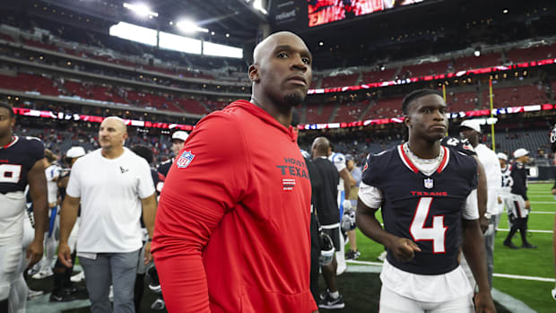 Aug 16, 2025; Houston, Texas, USA; Houston Texans head coach DeMeco Ryans walks on the field after the game against the Carol