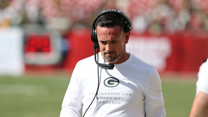 Oct 4, 2026; Tampa, Florida, USA;  Green Bay Packers head coach Matt LaFleur looks on during the fourth quarter against the Tampa Bay Buccaneers at Raymond James Stadium.  Mandatory Credit: Matt Pendleton-Imagn Images