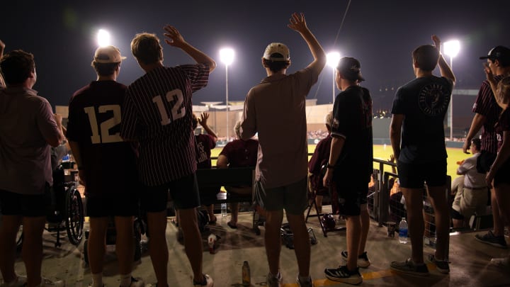 June 1, 2024; College Station, TX, USA; Texas A&M Aggies fans cheer during the second round of the NCAA baseball College Station Regional against the Texas Longhorns at Olsen Field College Station.