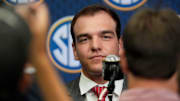 July 15, 2025; Atlanta, GA, USA; Georgia quarterback Gunner Stockton listens to a question in the Main Media Room during SEC Media Days at the College Football Hall of Fame in Atlanta.