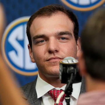 July 15, 2025; Atlanta, GA, USA; Georgia quarterback Gunner Stockton listens to a question in the Main Media Room during SEC Media Days at the College Football Hall of Fame in Atlanta.