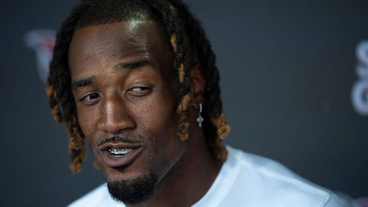 Tennessee Titans L'Jarius Sneed (38) fields questions from the media on the second day of training camp Thursday, July 25, 2024.