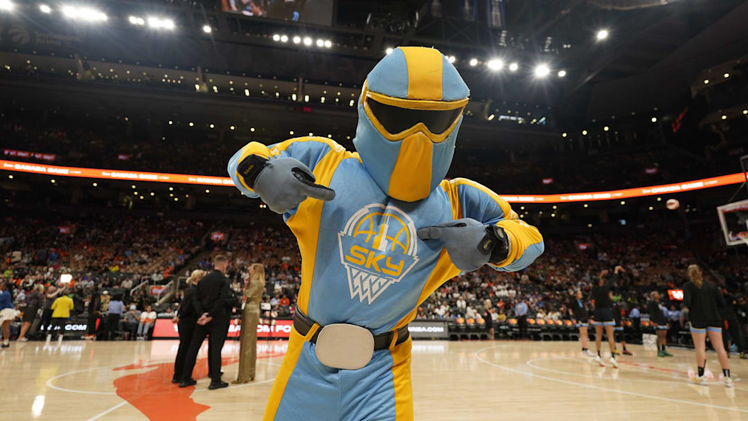 May 13, 2023; Toronto, Ontario, Canada; The Chicago Sky mascot before a game against the Minnesota Lynx at Scotiabank Arena. Mandatory Credit: John E. Sokolowski-USA TODAY Sports
