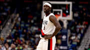 Nov 12, 2025; New Orleans, Louisiana, USA;  Portland Trail Blazers guard Jrue Holiday (5) looks on against the New Orleans Pelicans during the second half at Smoothie King Center. Mandatory Credit: Stephen Lew-Imagn Images