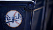  A general view of the Kansas City Royals logo on seats with complimentary flags for fans before the Opening Day game against the Texas Rangers Kauffman Stadium. 