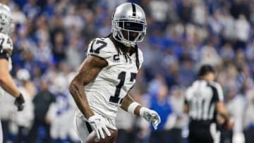 Dec 31, 2023; Indianapolis, Indiana, USA; Las Vegas Raiders wide receiver Davante Adams (17) celebrates his touchdown  in the second half  against the Indianapolis Colts at Lucas Oil Stadium. Mandatory Credit: Trevor Ruszkowski-USA TODAY Sports