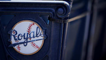  A general view of the Kansas City Royals logo on seats with complimentary flags for fans before the Opening Day game against the Texas Rangers Kauffman Stadium. 