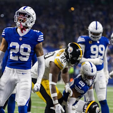 Dec 16, 2023; Indianapolis, Indiana, USA; Indianapolis Colts cornerback JuJu Brents (29) celebrates a tackle in the first half against the Pittsburgh Steelers at Lucas Oil Stadium. 