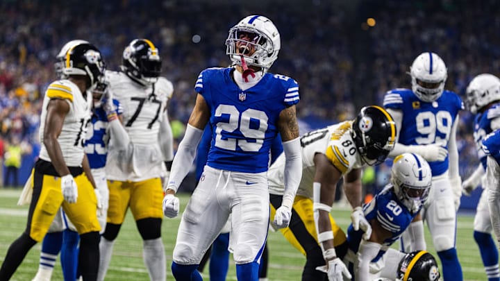 Dec 16, 2023; Indianapolis, Indiana, USA; Indianapolis Colts cornerback JuJu Brents (29) celebrates a tackle in the first half against the Pittsburgh Steelers at Lucas Oil Stadium. 