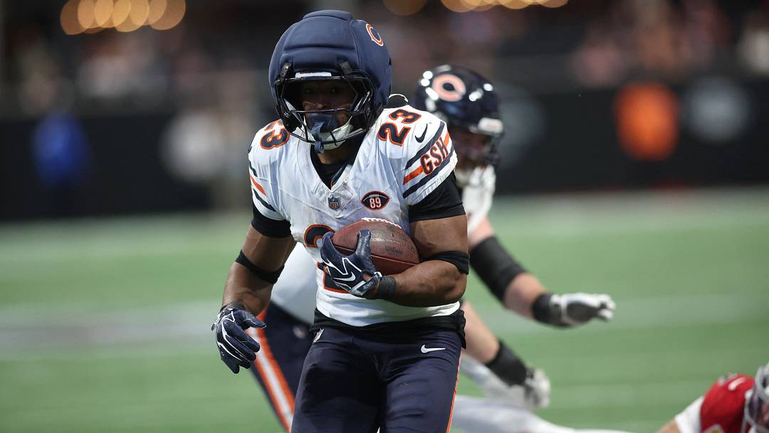 Oct 18, 2026; Atlanta, Georgia, USA;  Chicago Bears running back Roschon Johnson (23) runs with the ball against the Atlanta Falcons during the game at Mercedes-Benz Stadium.  Mandatory Credit: Brett Davis-Imagn Images