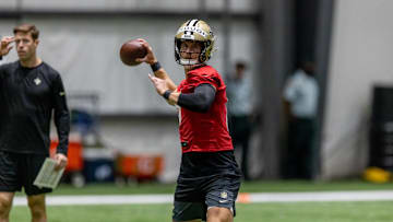 May 10, 2025; New Orleans, LA, USA;  New Orleans Saints quarterback Tyler Shough (6) during rookie minicamp at Ochsner Sports Performance Center. Mandatory Credit: Stephen Lew-Imagn Images