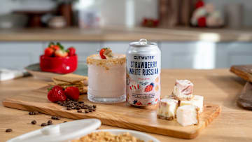 Strawberry White Russian with cheesecake garnish