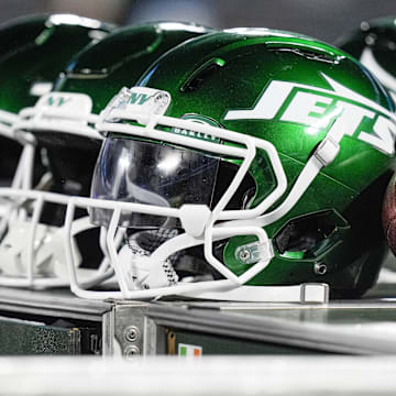 Aug 17, 2024; Charlotte, North Carolina, USA; New York Jets helmets during the second half against the Carolina Panthers at Bank of America Stadium. Mandatory Credit: Jim Dedmon-Imagn Images