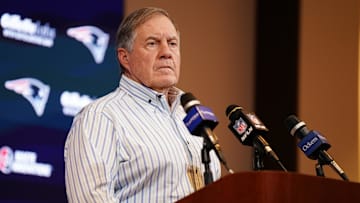 Jan 7, 2024; Foxborough, Massachusetts, USA; New England Patriots head coach Bill Belichick talks to reporters after the game against the New York Jets at Gillette Stadium. Mandatory Credit: David Butler II-Imagn Images