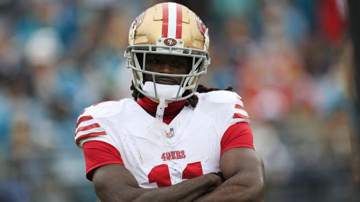 San Francisco 49ers wide receiver Brandon Aiyuk (11) reacts to his touchdown score during the first quarter of an NFL football game Sunday, Nov. 12, 2023 at EverBank Stadium in Jacksonville, Fla. The San Francisco 49ers defeated the Jacksonville Jaguars 34-3. [Corey Perrine/Florida Times-Union]