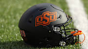 Sep 16, 2023; Stillwater, Oklahoma, USA; An Oklahoma State helmet is seen before an NCAA football game between Oklahoma State and South Alabama at Boone Pickens Stadium. Mandatory Credit: Bryan Terry-Imagn Images