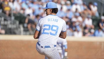 May 31, 2024; Chapel Hill, NC, USA;  North Carolina pitcher Jason DeCaro (29) pitches against the LIU Sharks during the NCAA regional in Chapel Hill, NC. Mandatory Credit: Jim Dedmon-Imagn Images