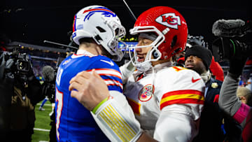 Jan 21, 2024; Orchard Park, New York, USA; Kansas City Chiefs quarterback Patrick Mahomes (15) greets Buffalo Bills quarterback Josh Allen (17) following the 2024 AFC divisional round game at Highmark Stadium. Mandatory Credit: Mark J. Rebilas-Imagn Images