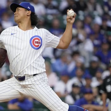Jun 4, 2024; Chicago, Illinois, USA; Chicago Cubs pitcher Shota Imanaga (18) throws the ball against the Chicago White Sox during the first inning at Wrigley Field.