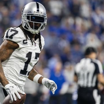 Dec 31, 2023; Indianapolis, Indiana, USA; Las Vegas Raiders wide receiver Davante Adams (17) celebrates his touchdown  in the second half  against the Indianapolis Colts at Lucas Oil Stadium.