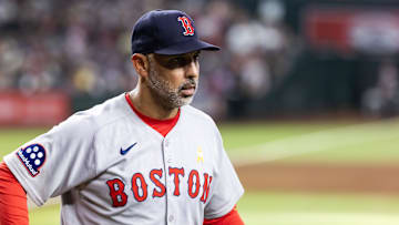 Sep 7, 2025; Phoenix, Arizona, USA; Boston Red Sox manager Alex Cora against the Arizona Diamondbacks at Chase Field. Mandatory Credit: Mark J. Rebilas-Imagn Images
