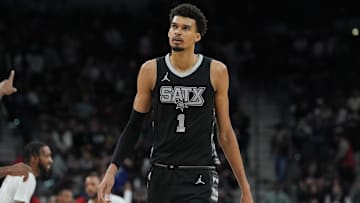 Jan 29, 2025; San Antonio, Texas, USA;  San Antonio Spurs center Victor Wembanyama (1) looks up in the second half against the LA Clippers at Frost Bank Center. Mandatory Credit: Daniel Dunn-Imagn Images