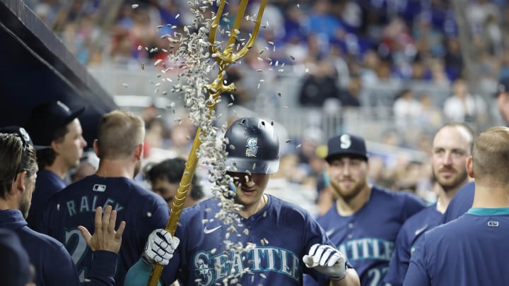 Seattle Mariners right fielder Dominic Canzone celebrates after hitting a solo home run against the Miami Marlins on June at loanDepot Park.