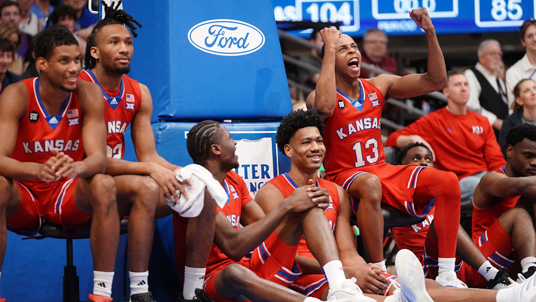 Kansas Jayhawks players react to senior speeches following the Sunflower Showdown game inside Allen Fieldhouse in Lawrence, Kansas, on Saturday, March 7, 2026.