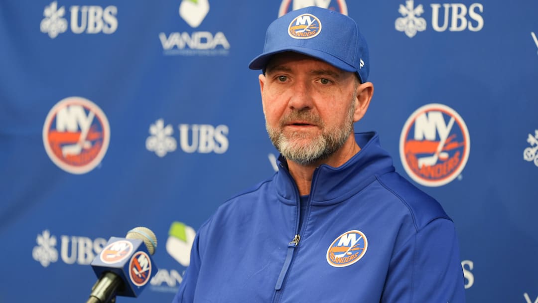 Apr 11, 2026; Elmont, New York, USA; New York Islanders head coach Peter DeBoer speaks to the media before their game against the Ottawa Senators at UBS Arena. 