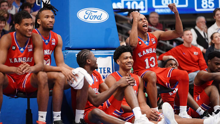 Kansas Jayhawks players react to senior speeches following the Sunflower Showdown game inside Allen Fieldhouse in Lawrence, Kansas, on Saturday, March 7, 2026.