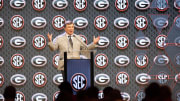 Jul 16, 2024; Dallas, TX, USA; Georgia head coach Kirby Smart speaking at Omni Dallas Hotel. Mandatory Credit: Brett Patzke-USA TODAY Sports