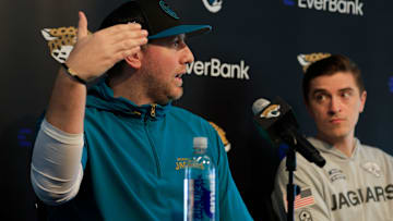 Jacksonville Jaguars head coach Liam Coen, left, speaks during a press conference next to general manager James Gladstone at Miller Electric Center Tuesday, April 15, 2025 in Jacksonville, Fla. [Corey Perrine/Florida Times-Union]