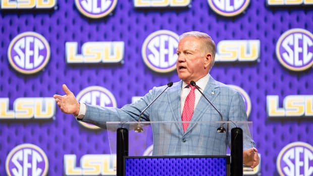 SU head coach Brian Kelly speaking at SEC Media days