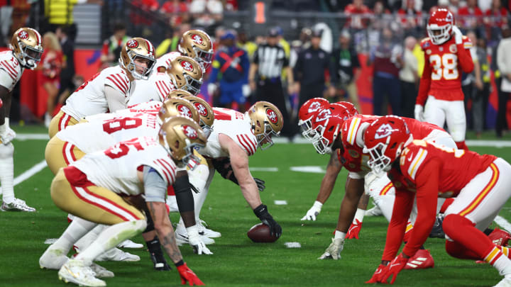 Feb 11, 2024; Paradise, Nevada, USA; San Francisco 49ers quarterback Brock Purdy (13) under center against the Kansas City Chiefs in the first half in Super Bowl LVIII at Allegiant Stadium. Mandatory Credit: Mark J. Rebilas-USA TODAY Sports