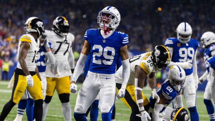 Dec 16, 2023; Indianapolis, Indiana, USA; Indianapolis Colts cornerback JuJu Brents (29) celebrates a tackle in the first half against the Pittsburgh Steelers at Lucas Oil Stadium. 