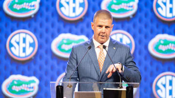 Jul 17, 2024; Dallas, TX, USA; Florida head coach Billy Napier speaking the 2024 SEC media days.