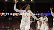 Mar 7, 2025; Greenville, SC, USA; LSU Lady Tigers center Aalyah Del Rosario (23) reacts to her three point play against the Florida Gators during the second half at Bon Secours Wellness Arena. Mandatory Credit: Jim Dedmon-Imagn Images