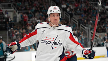 Dec 3, 2025; San Jose, California, USA;  Washington Capitals right winger Ryan Leonard (9) celebrates after scoring a goal against the San Jose Sharks in the first period at SAP Center at San Jose. Mandatory Credit: David Gonzales-Imagn Images