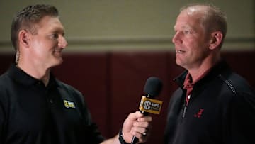 Mar 19, 2025; Tuscaloosa AL, USA; Alabama football coach Kalen DeBoer is interviewed during the University of Alabama Pro Day as several Crimson Tide players worked out for NFL teams in the Hank Crisp Indoor Practice Facility.