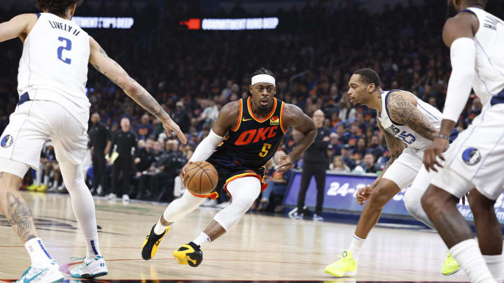 May 15, 2024; Oklahoma City, Oklahoma, USA; Oklahoma City Thunder guard Luguentz Dort (5) drives to the basket