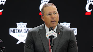 Jul 8, 2025; Frisco, TX, USA; Cincinnati head coach Scott Satterfield addresses the media during 2025 Big 12 Football Media Days at The Star. Mandatory Credit: Raymond Carlin III-Imagn Images