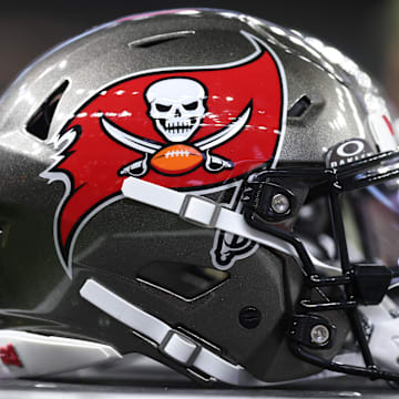 Oct 26, 2025; New Orleans, Louisiana, USA;  A Tampa Bay Buccaneers helmet is seen on the sidelines prior to a game against the New Orleans Saints at Caesars Superdome. Mandatory Credit: Stephen Lew-Imagn Images