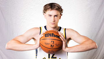 Sep 30, 2024; Indianapolis, IN, USA;  Indiana Pacers forward Johnny Furphy (12) poses for a photo during 2024 Media day.  Mandatory Credit: Trevor Ruszkowski-Imagn Images