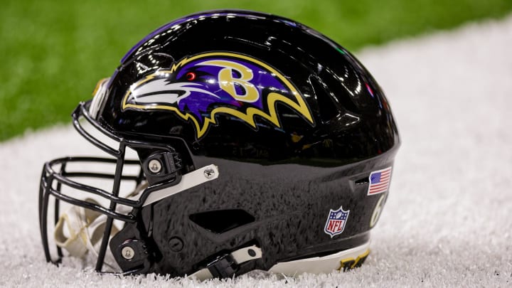 Nov 7, 2022; New Orleans, Louisiana, USA;  General view of the Baltimore Ravens helmet during the warm ups before the game against the New Orleans Saints at Caesars Superdome. Mandatory Credit: Stephen Lew-USA TODAY Sports