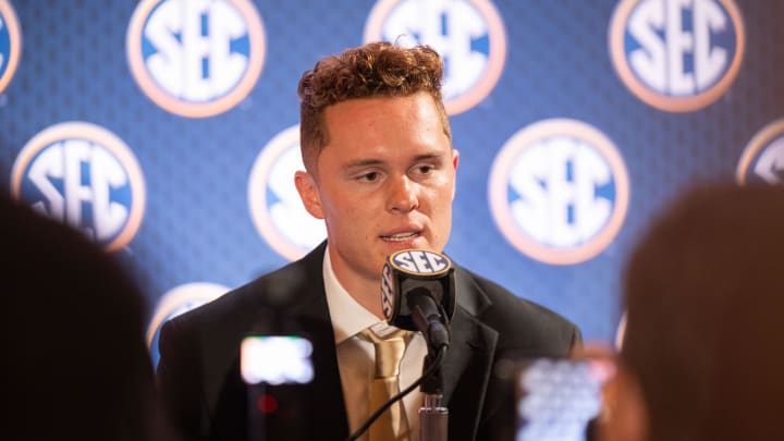 Jul 16, 2024; Dallas, TX, USA; Missouri quarterback Brady Cook speaking at Omni Dallas Hotel. Mandatory Credit: Brett Patzke-USA TODAY Sports