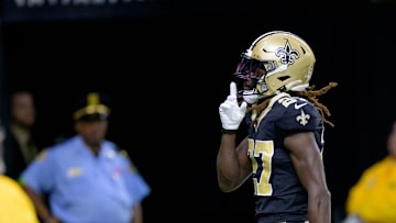 Oct 1, 2023; New Orleans, Louisiana, USA; New Orleans Saints cornerback Isaac Yiadom (27) celebrates an inception against the Tampa Bay Buccaneers during the second quarter at the Caesars Superdome. Mandatory Credit: Matthew Hinton-Imagn Images